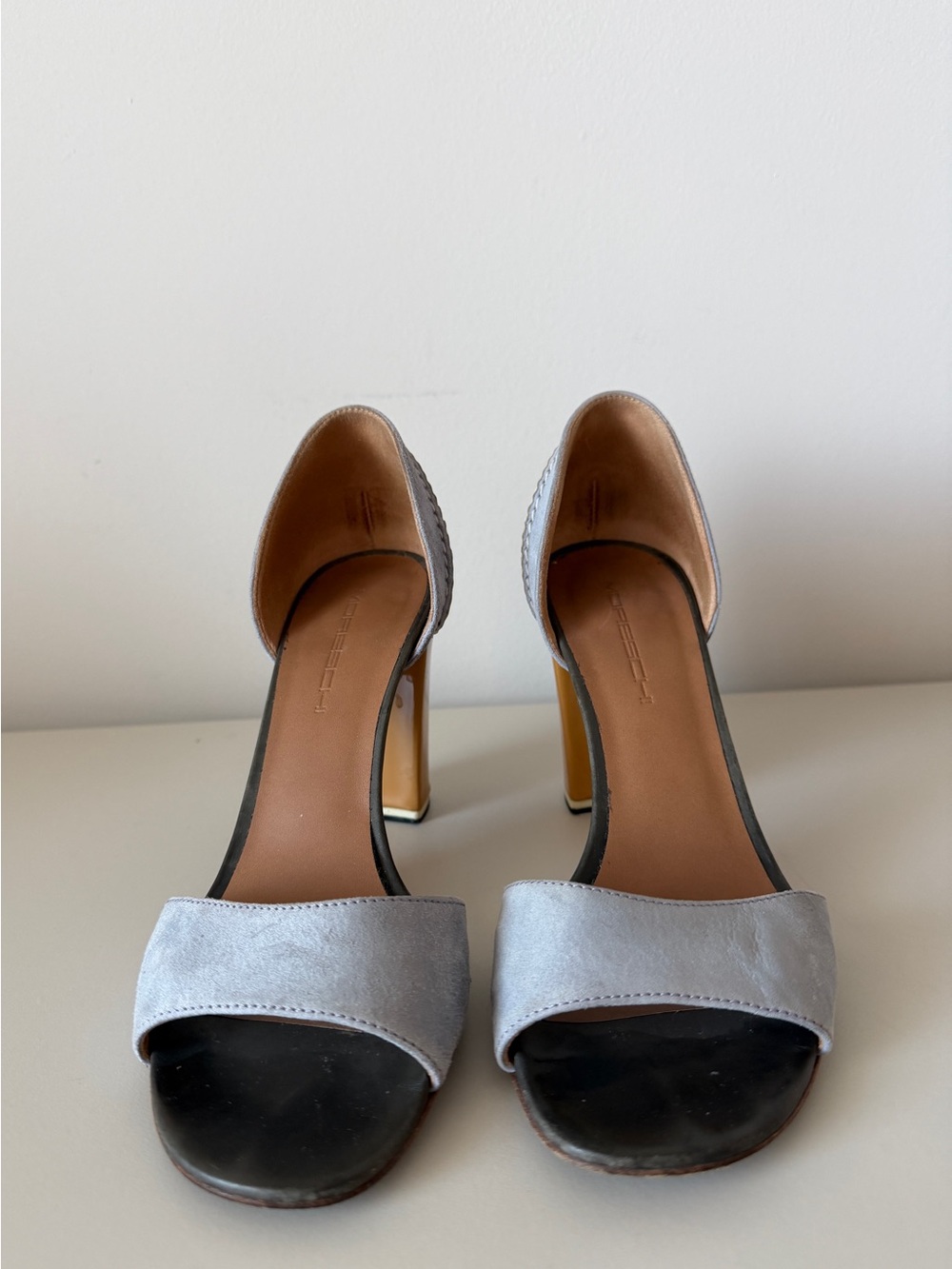Moreschi Italy Dusty Lavender Suede & Mustard Patent Block Heel Sandals Size 36 - Picture 2 of 8